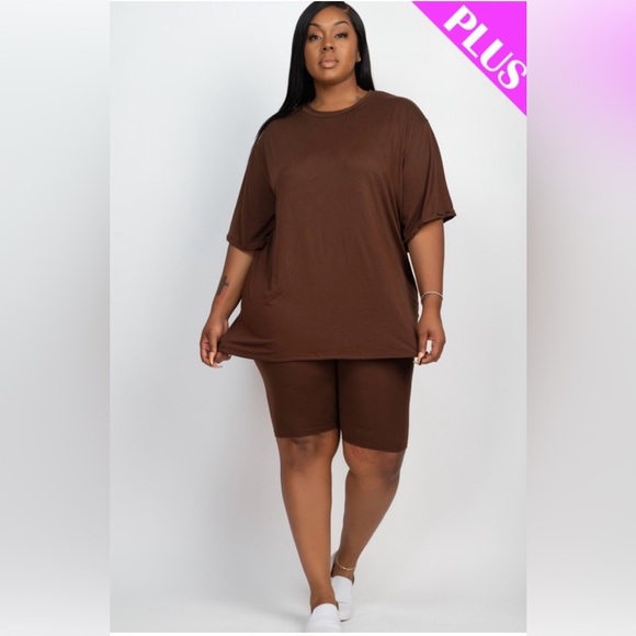 Chocolate Brown Lounge Set 2-Piece Short Sleeve Oversized Top & Biker Shorts - Picture 5 of 10